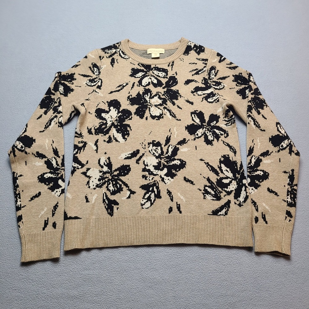 Cynthia Rowley Sweater Womens Medium Tan Black Excellent Floral Crewneck Knit